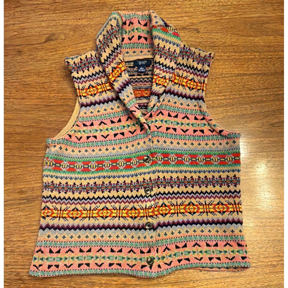 Chaps Fair Isle Knit Ralph Lauren VTG Shawl Collar Sweater Polo Women L Preppy